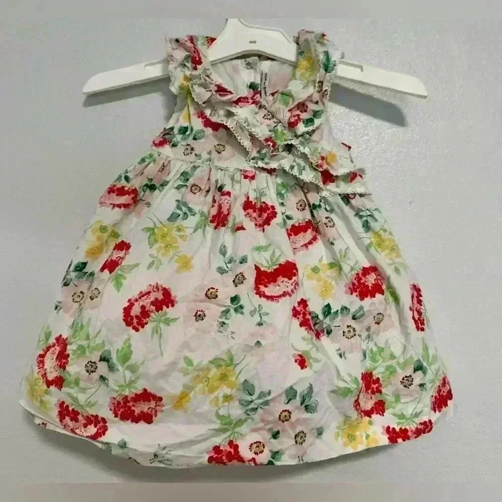 Janie and Jack Toddler Girls Dress Floral Print Ruffle Bow White Pink 12-18m